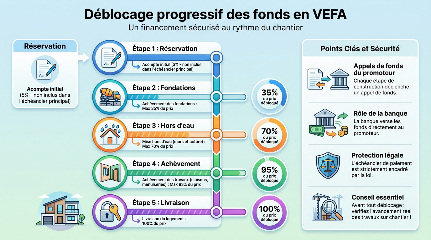 Schéma explicatif du déblocage progressif des fonds pour un crédit immobilier VEFA
