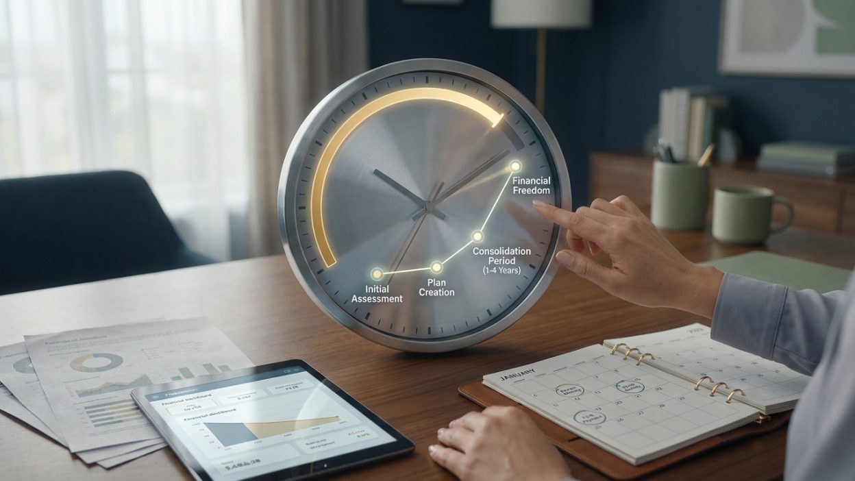 Hand interacts with a clock-timeline showing debt consolidation steps to financial freedom. Financial documents, tablet, and calendar on a desk.