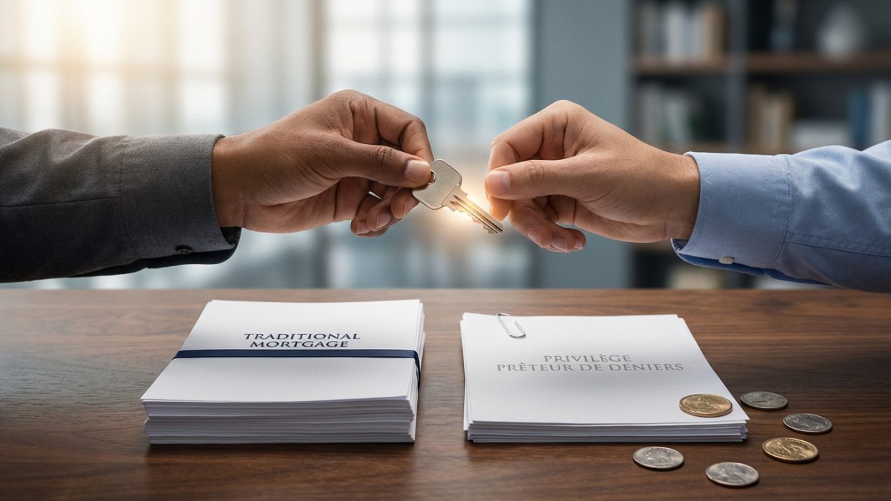 Deux mains échangent une clé de maison au-dessus de documents financiers: 'Hypothèque Traditionnelle' et 'Privilège Prêteur de Deniers' avec des pièces.