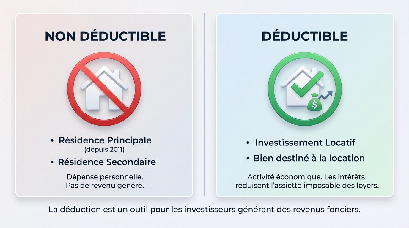 Schéma explicatif de la déduction des intérêts d'emprunt immobilier en France selon le type de bien