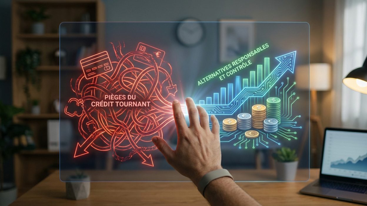 Main séparant hologramme financier: pièges du crédit (rouge, enchevêtré) et alternatives responsables (vert/bleu, clair). Bureau.