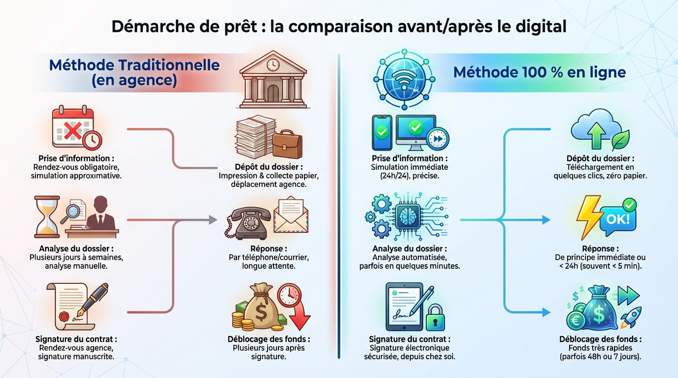 Comparatif visuel des étapes d'un crédit : lenteur traditionnelle contre rapidité du digital