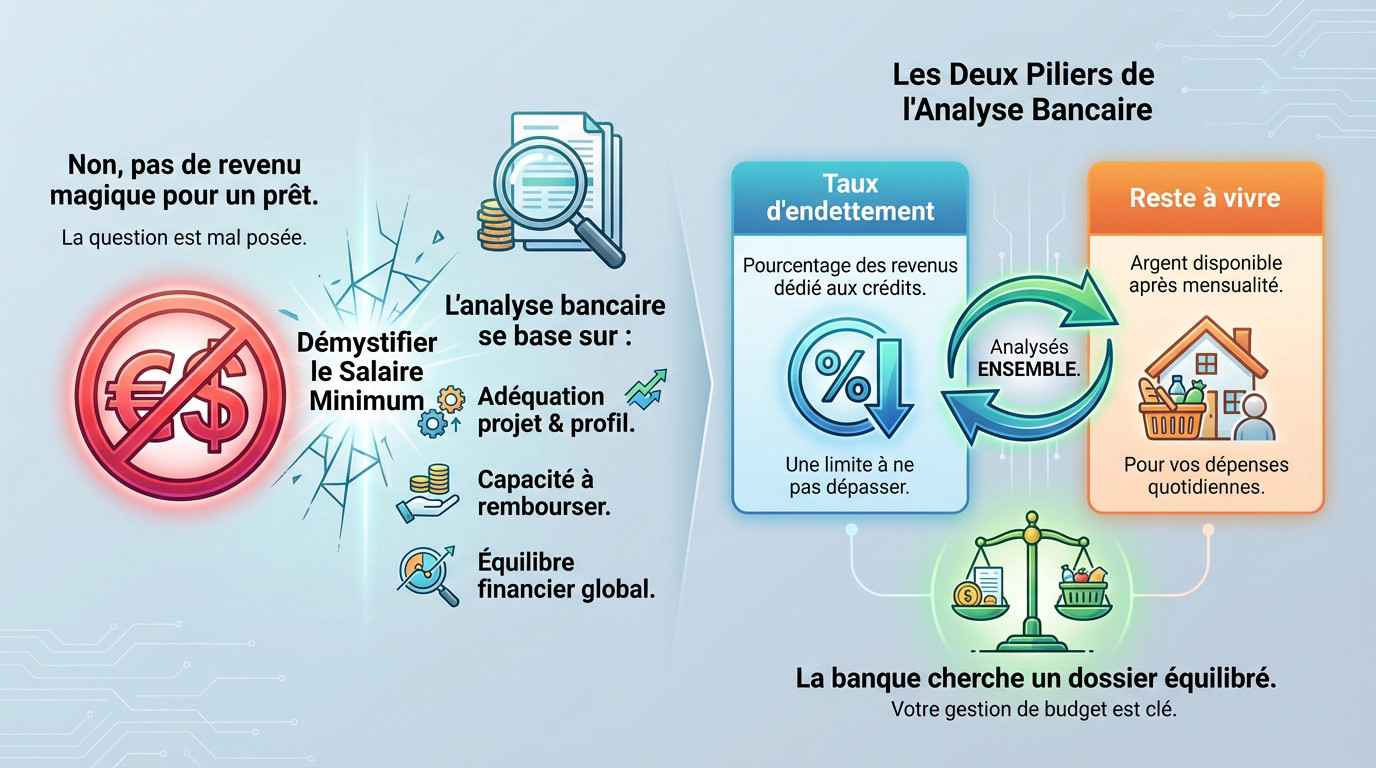 Illustration d'une balance financière montrant l'équilibre entre revenus et charges pour un crédit immobilier