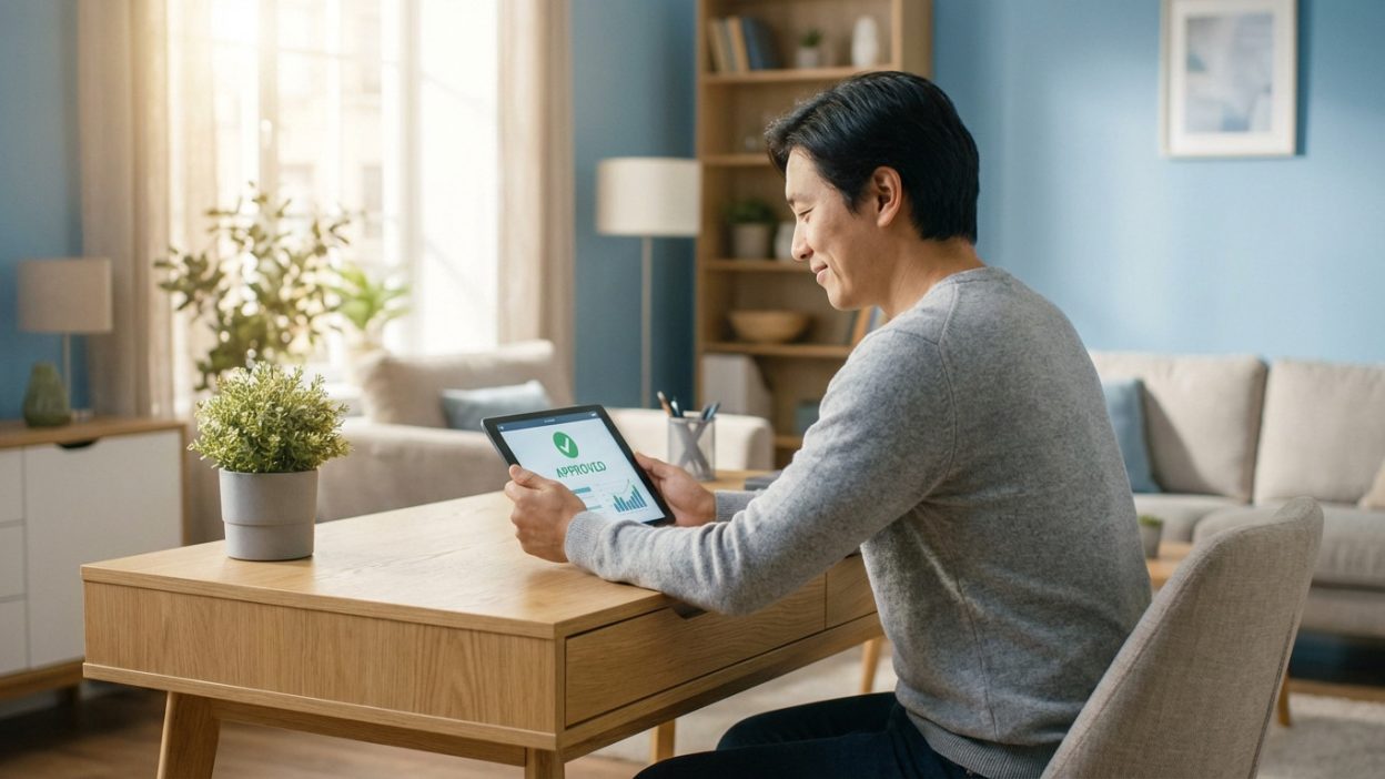 A man smiles subtly at a tablet displaying 'APPROVED' and financial data in a modern home office, symbolizing relief and empowerment.