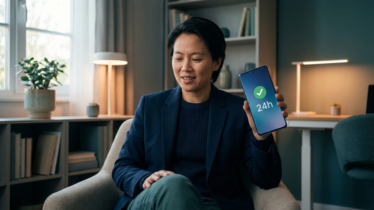 An individual in a modern home office smiles, holding a smartphone displaying a '24h' checkmark for rapid financial approval.