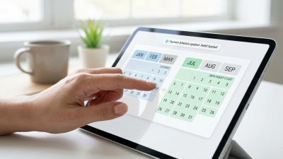 Close-up of a hand interacting with a tablet showing a digital calendar. Payment dates for Jan-Mar are deferred, and repayments start in July. The screen displays 'Payment Schedule Updated: Relief Applied'.