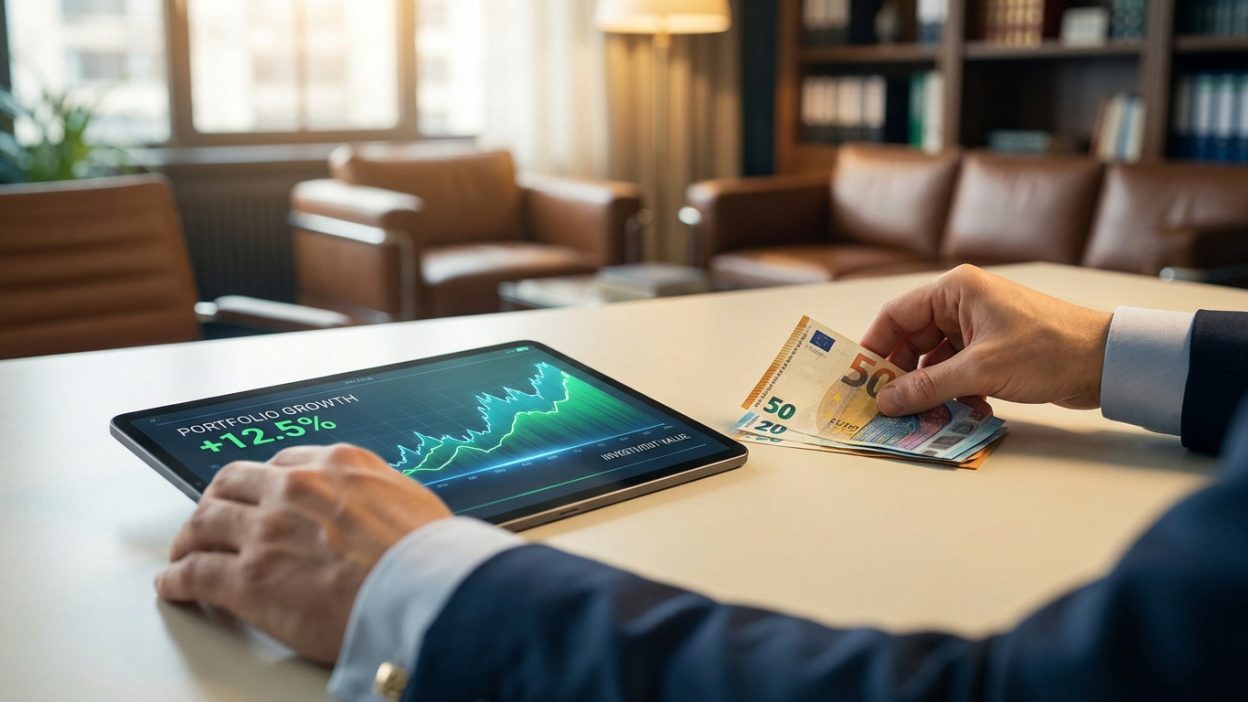 Hands on a tablet with a +12.5% portfolio growth chart and Euro banknotes, set in a warm, blurred financial office.