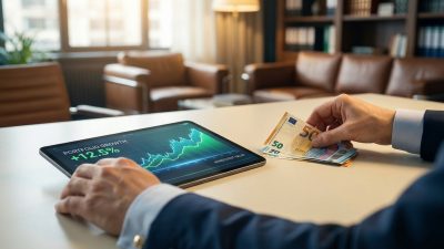 Hands on a tablet with a +12.5% portfolio growth chart and Euro banknotes, set in a warm, blurred financial office.