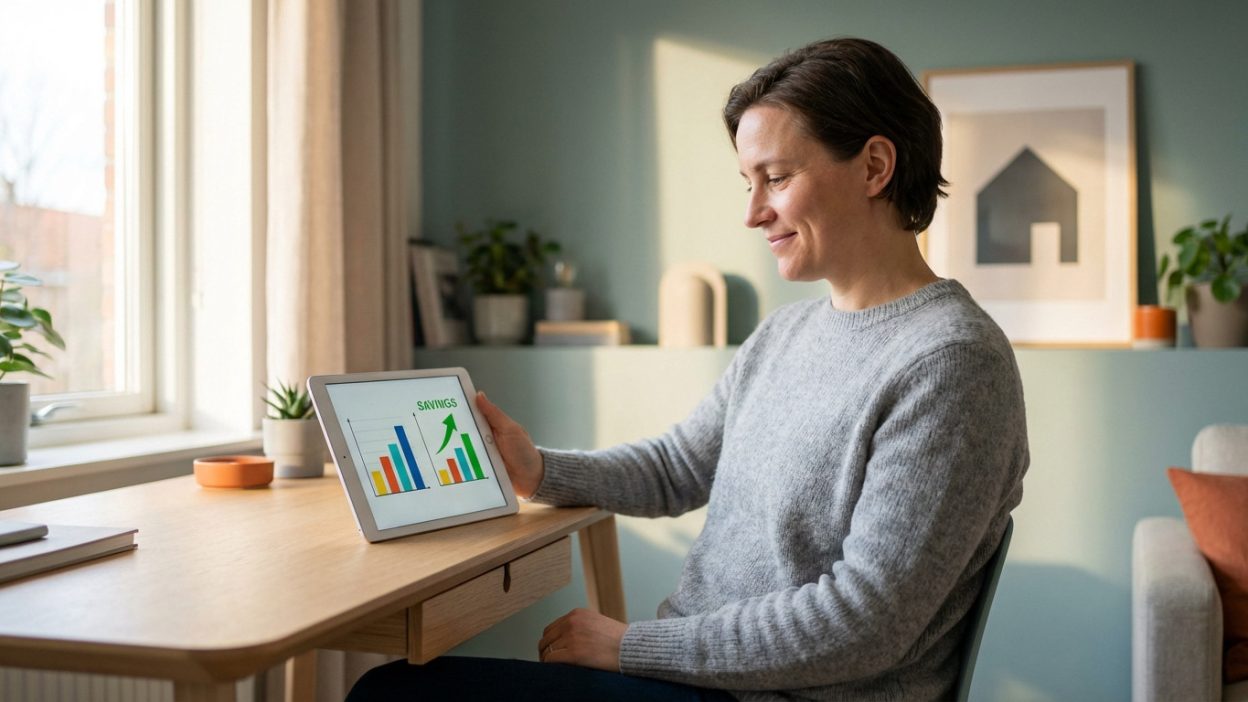 Smiling individual viewing financial savings on a tablet in a sunlit home office. A house icon in the background suggests home loans.