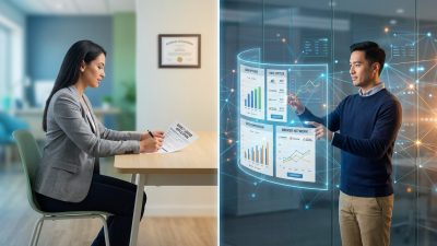 A split image showing a woman applying for credit directly and a man exploring diverse loan offers via a digital broker interface.