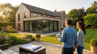 Couple admiring their beautifully extended modern home at sunset. Blueprints and a tablet with house image are nearby.