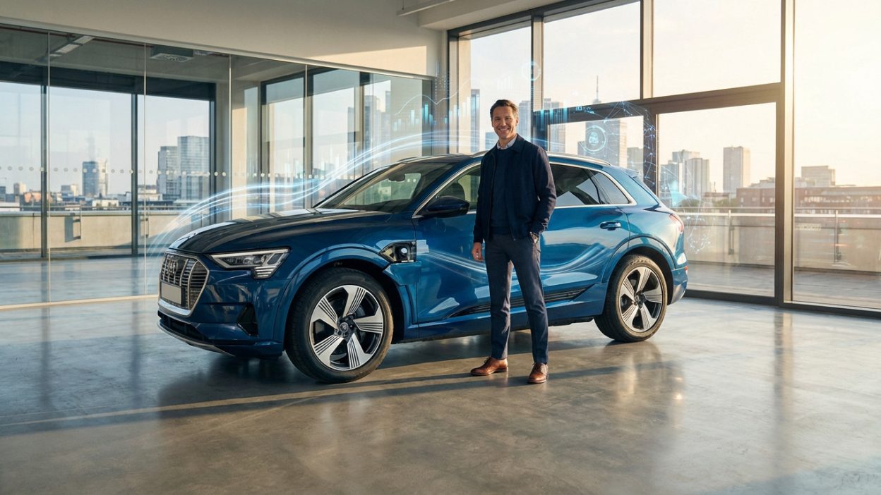 A man stands proudly beside a new blue electric SUV in a sleek showroom, with abstract digital graphics representing smart financing.