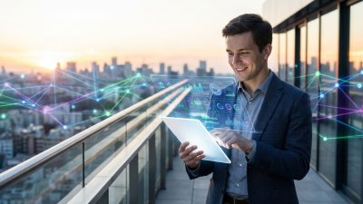 Young professional uses a futuristic tablet with holographic banking interface, smiling. Blurred cityscape with glowing network lines at dawn.
