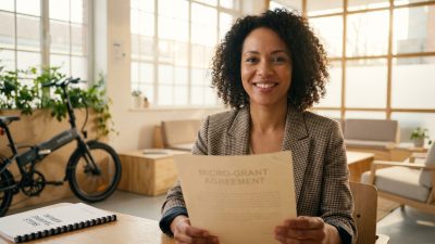 Smiling woman with curly hair holds a "Micro-Grant Agreement" in a bright, modern office with a bike and training manual.