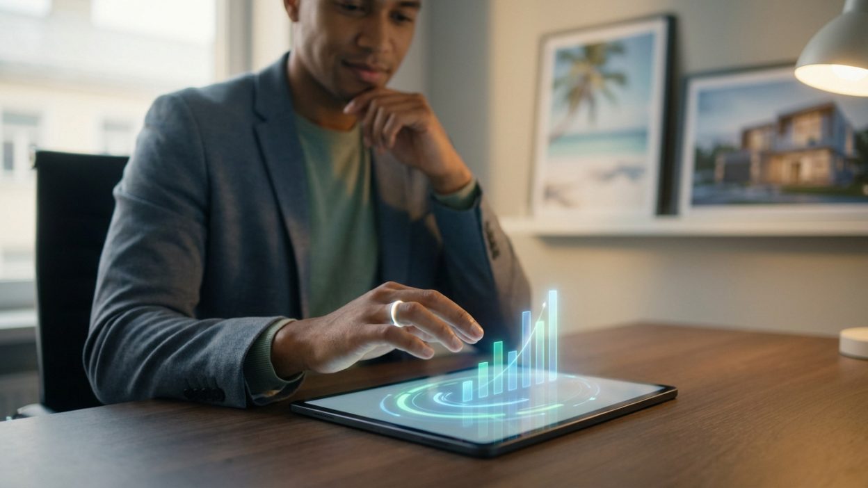 A diverse man interacts with a tablet showing glowing financial charts. Blurred background hints at travel and home. Calm, focused, and empowered.