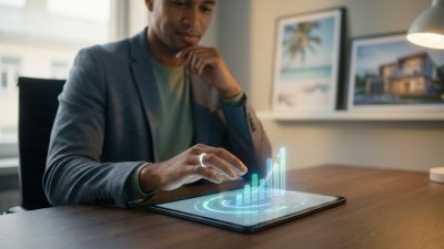 A diverse man interacts with a tablet showing glowing financial charts. Blurred background hints at travel and home. Calm, focused, and empowered.
