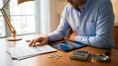 Adult in blue shirt analyzing financial data on a tablet and documents at a modern desk, with coins, calculator, and magnifying glass.
