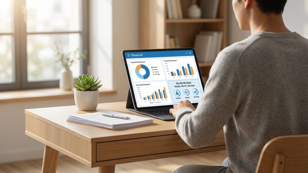 Person at a modern desk viewing a tablet's financial dashboard with graphs and 50/30/20 rule. Plant, papers, pen visible. Bright home office.
