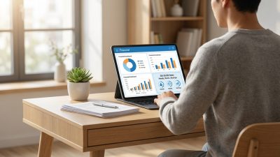 Person at a modern desk viewing a tablet's financial dashboard with graphs and 50/30/20 rule. Plant, papers, pen visible. Bright home office.