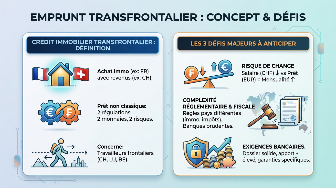 Illustration conceptuelle montrant un travailleur frontalier jonglant entre deux devises et deux systèmes bancaires pour son crédit immobilier