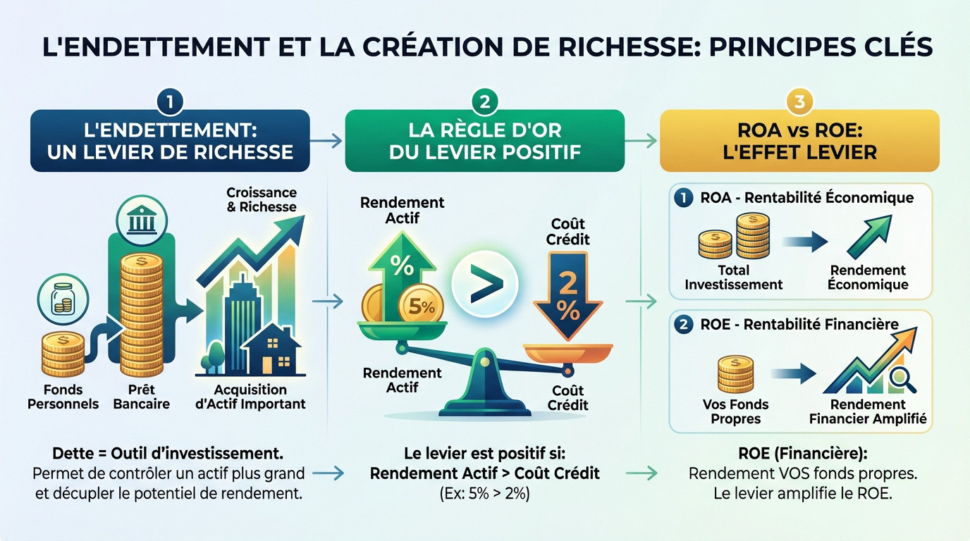 Schéma expliquant le mécanisme de l'effet de levier du crédit et l'enrichissement par la dette