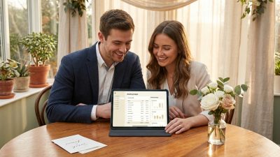 A smiling couple, a man and a woman, sit at a wooden table looking at a tablet displaying a wedding budget. A wedding ring, flowers, and an invitation are on the table. Soft, natural light fills the room.