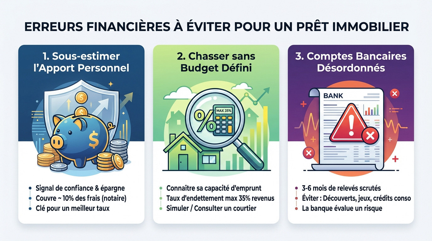 Illustration des erreurs crédit immobilier à éviter comme le manque d'apport ou la mauvaise gestion des comptes