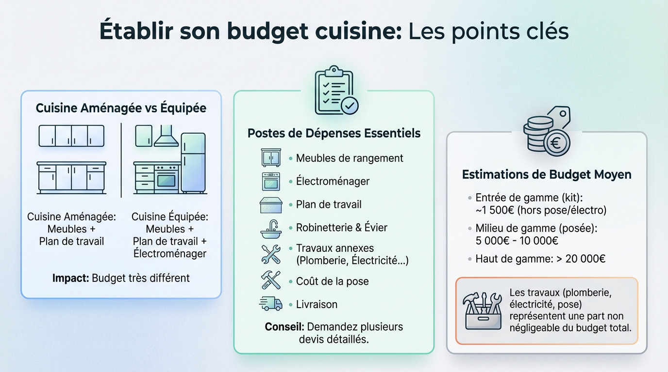 Schéma illustrant les postes de dépenses pour budgétiser une cuisine équipée