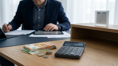A modern desk with a stack of Euro banknotes and coins next to a calculator showing 10,000€. A person works in the background, with a 'JAN 2026' calendar.