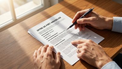 Deux mains anonymes examinent une Offre de Prêt Immobilier sur un bureau en bois. Une main tient un stylo, l'autre pointe un paragraphe. Lumière naturelle.