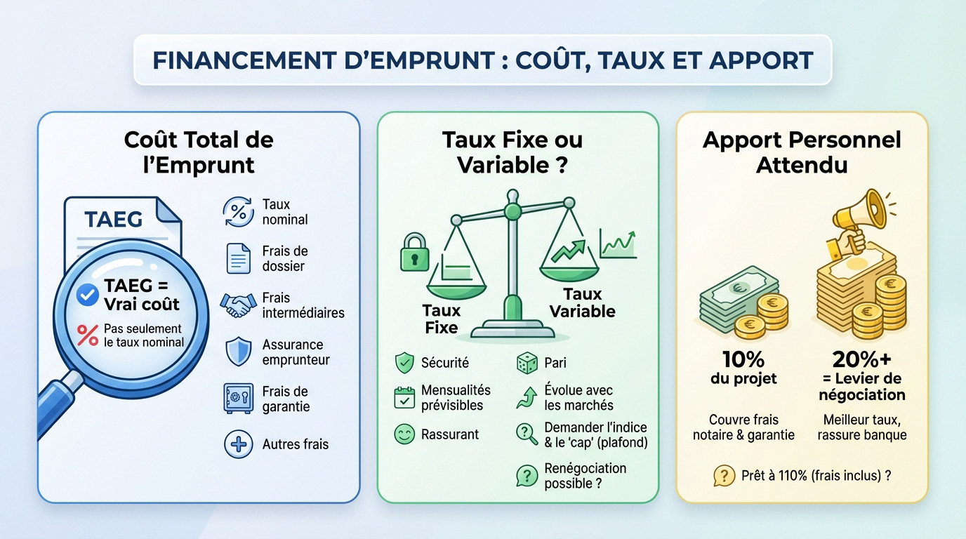 Graphique illustrant la répartition des coûts d'un crédit immobilier entre taux, assurance et apport