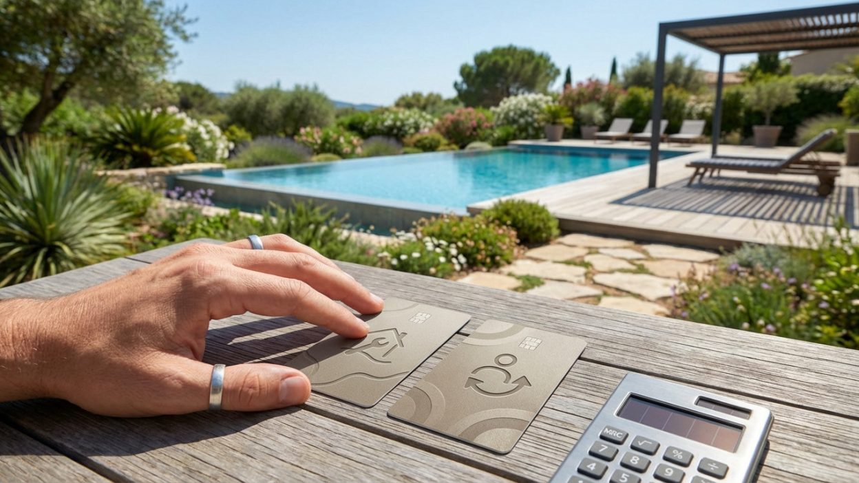 Une main survole des cartes de financement près d'une calculatrice, avec une piscine de rêve en arrière-plan, sous un soleil éclatant.