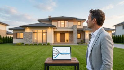 Man views modern house; tablet shows 'Debt Consolidation' leading to 'Financial Clarity', symbolizing a secure future and home.
