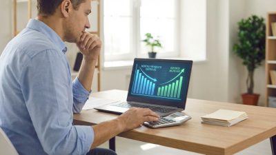 Calm man in home office reviews laptop with positive financial graphs, calculator nearby, signifying control and relief.