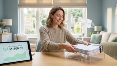 Serene woman consolidating financial documents at a bright home office desk. Tablet shows positive balance, symbolizing financial peace.