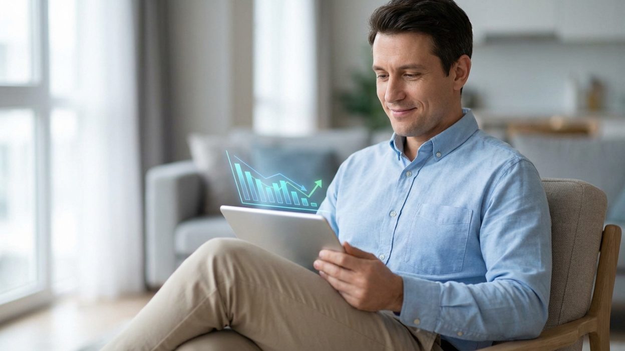 A man in a blue shirt smiles, looking at a tablet displaying a financial infographic with positive trends, seated in a modern living room.