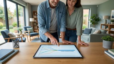 A couple in a bright home office examines a tablet displaying a 'Loan Smoothing' graph, illustrating multiple loans converging into a single payment.