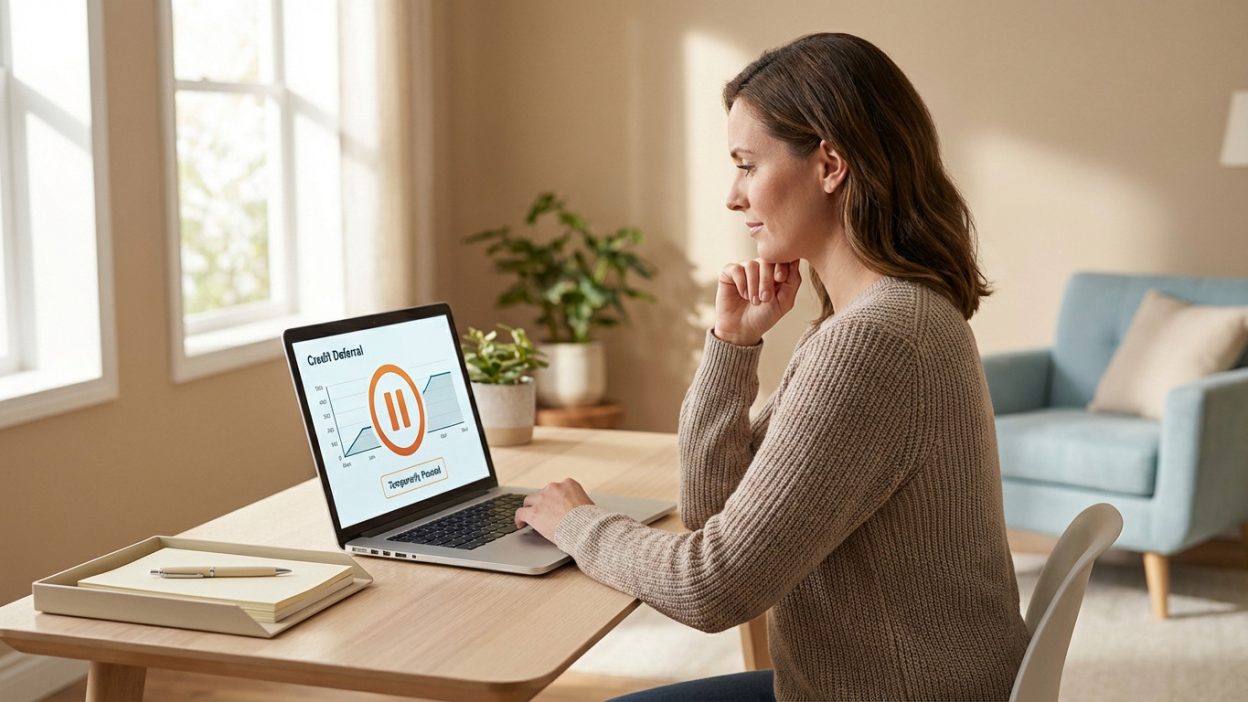 A woman thoughtfully views a laptop displaying a credit deferral interface with a pause icon, at a modern home office desk.