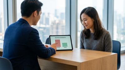 Broker shows client a tablet with 'before' (red) and 'after' (green) reduced payments chart in a modern office with city view.