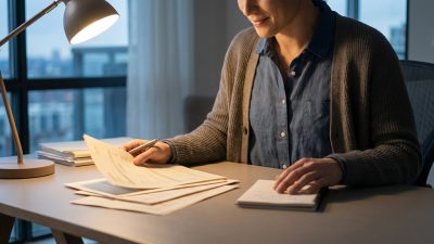Gender-neutral person thoughtfully reviews financial documents at a modern desk, lit by a warm lamp and cool window light.