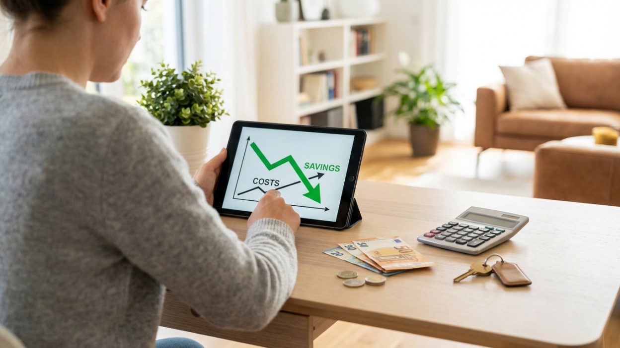Person viewing a tablet displaying a financial graph showing decreasing costs and increasing savings, with euro cash, calculator, and house key on a modern desk.