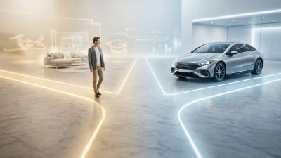 Man at a financial crossroads, deciding between a warm path of diverse life goals (travel, home, education) and a cool path to a new car.