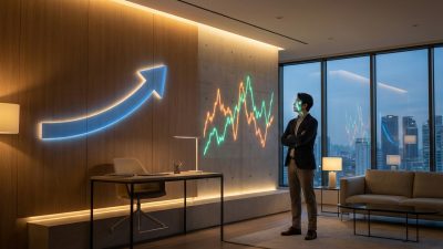 Thoughtful man in modern office analyzes glowing financial projections: a steady blue arrow and a volatile orange/green graph.