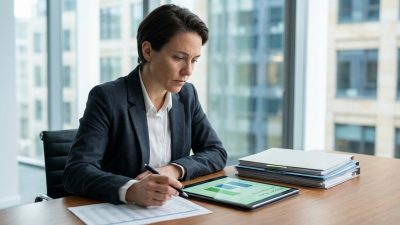 A determined professional intently reviews financial documents and a digital budget plan on a tablet at a modern desk, signifying financial recovery.