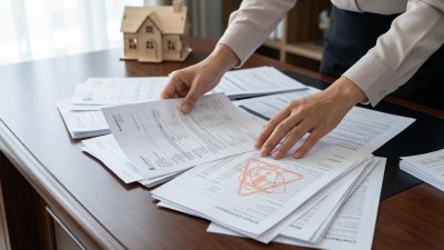 Hands meticulously review financial documents on a wooden desk, one showing a warning symbol. A miniature house model is blurred in the background.