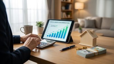 Hands use calculator on a desk with a tablet showing a financial growth graph, a house model, money, and coins, symbolizing home ownership.