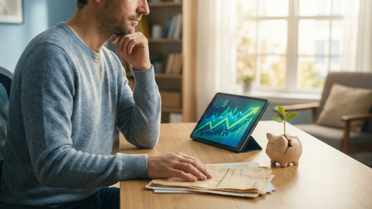 Man contemplating financial data on a tablet. A plant sprouts from a cracked piggy bank, symbolizing growth and new financial beginnings.