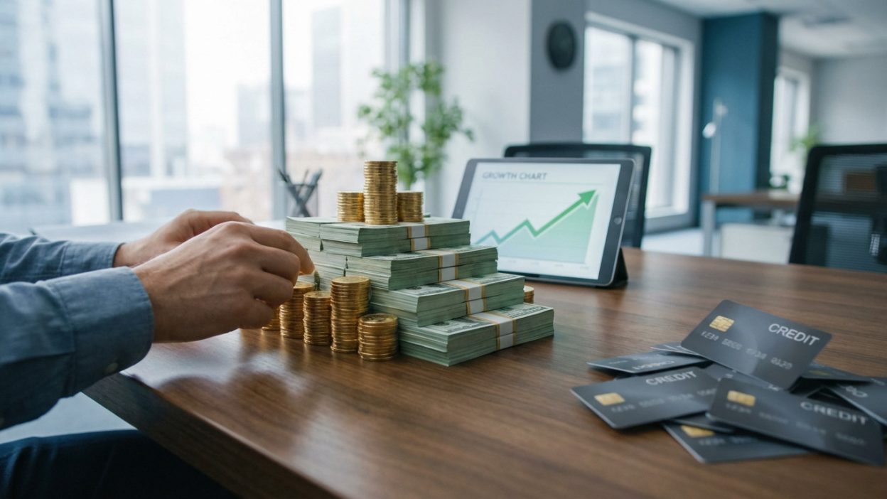 Hands build wealth with cash/coins on a desk; tablet shows growth. Credit cards diminish, symbolizing financial independence.