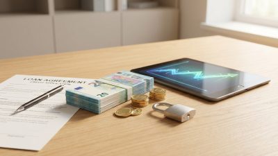 Still life of Euro banknotes, gold coins, a tablet with a financial graph, a loan agreement, pen, and an open padlock on a wooden desk.