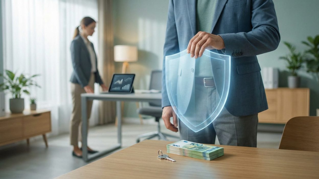 A person holds a glowing shield over Euro banknotes and a key, symbolizing financial guarantees for consumer credit in a modern office.